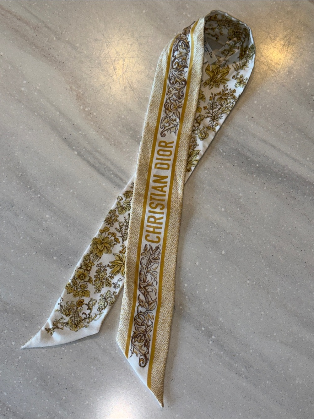 Authentic Dior Gold & White Logo Floral Silk Mitzah Scarf